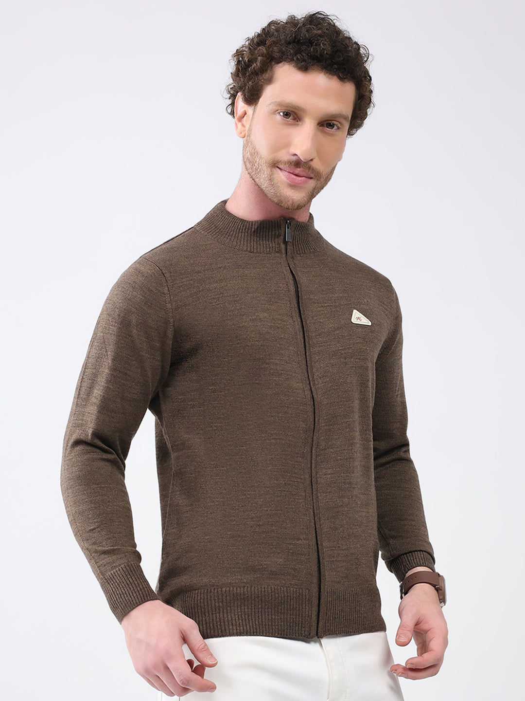 Men Brown Solid Mock Neck Full Sleeve Pullover