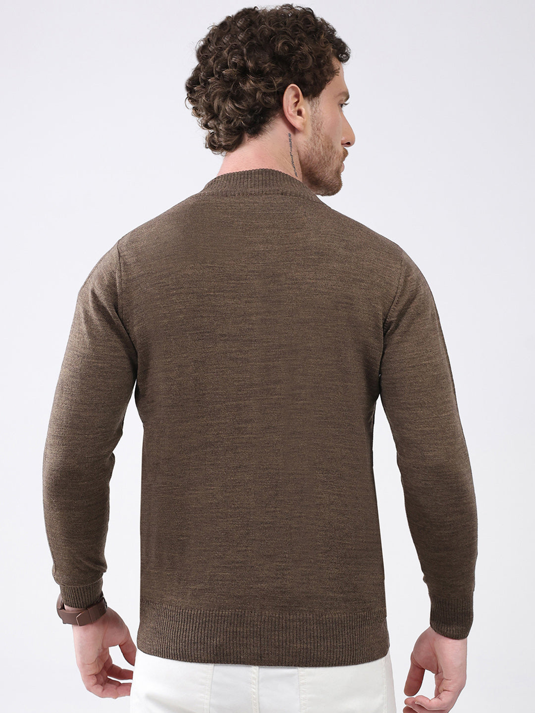 Men Brown Solid Mock Neck Full Sleeve Pullover