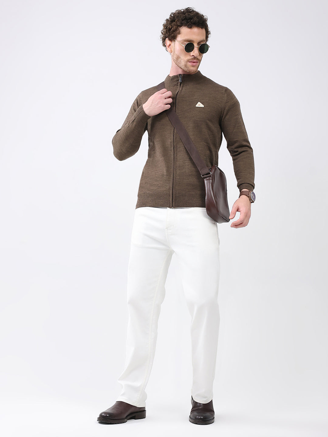 Men Brown Solid Mock Neck Full Sleeve Pullover