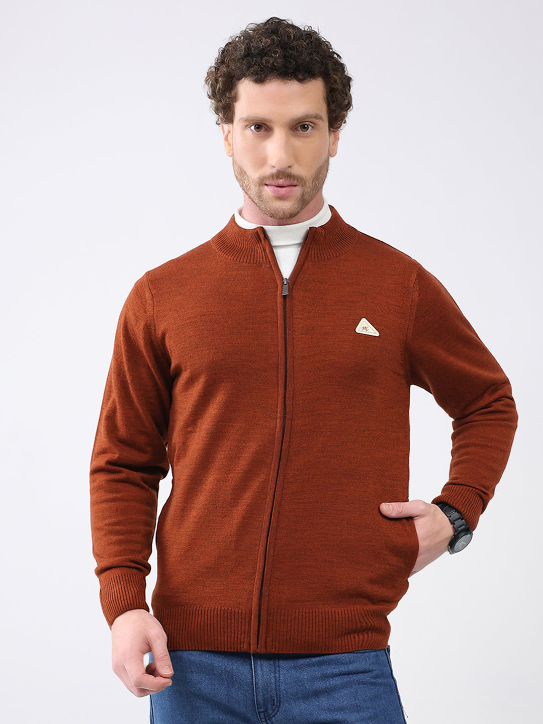 Men Rust Solid Mock Neck Full Sleeve Pullover