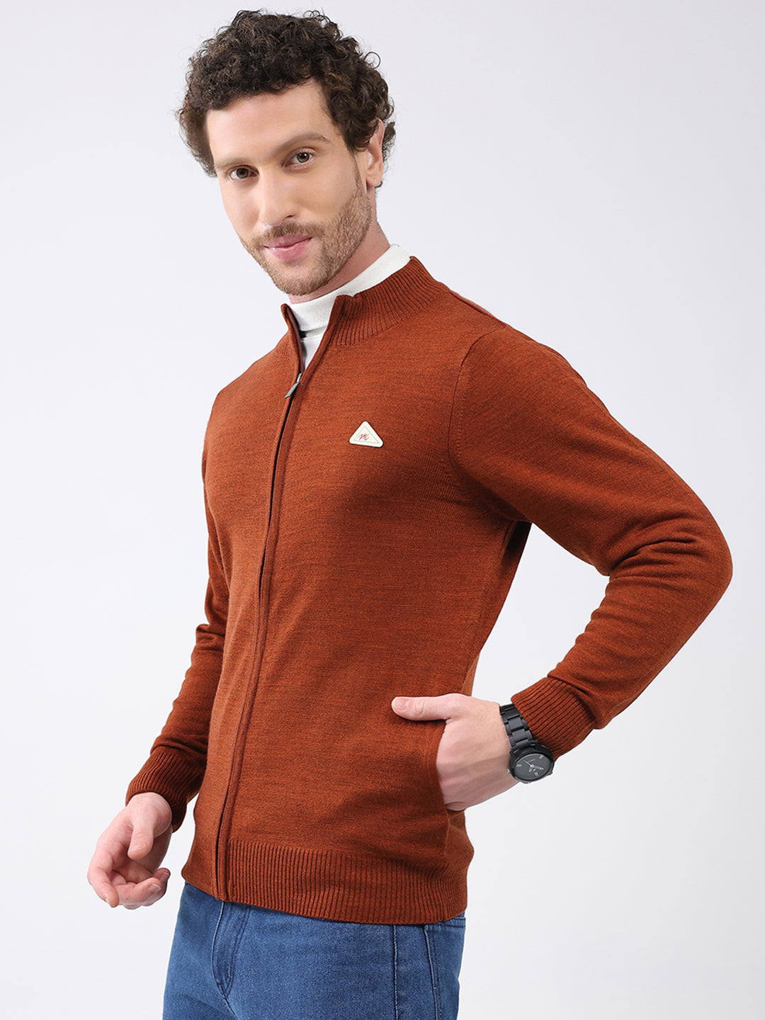 Men Rust Solid Mock Neck Full Sleeve Pullover