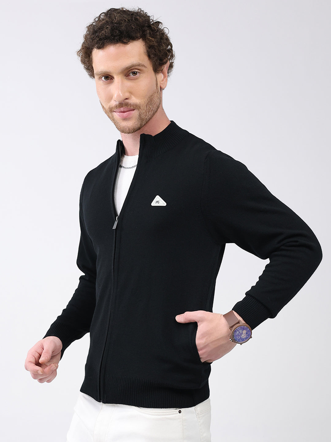 Men Black Solid Mock Neck Full Sleeve Pullover