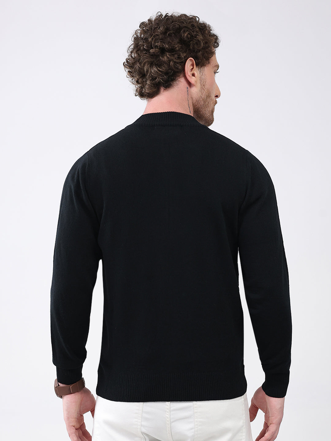 Men Black Solid Mock Neck Full Sleeve Pullover