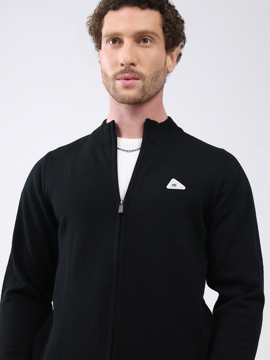 Men Black Solid Mock Neck Full Sleeve Pullover