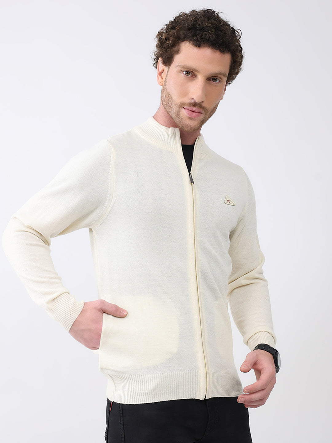 Men Cream Solid Mock Neck Full Sleeve Pullover