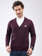 Men Purple Solid V Neck Full Sleeve Cardigan