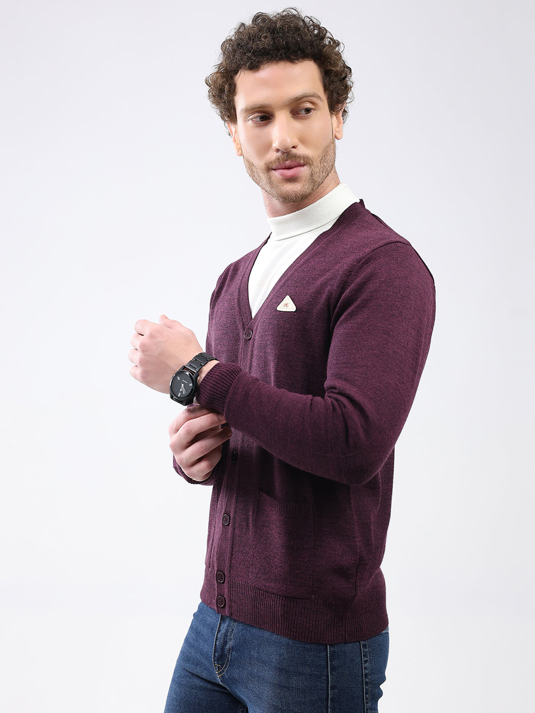 Men Purple Solid V Neck Full Sleeve Cardigan