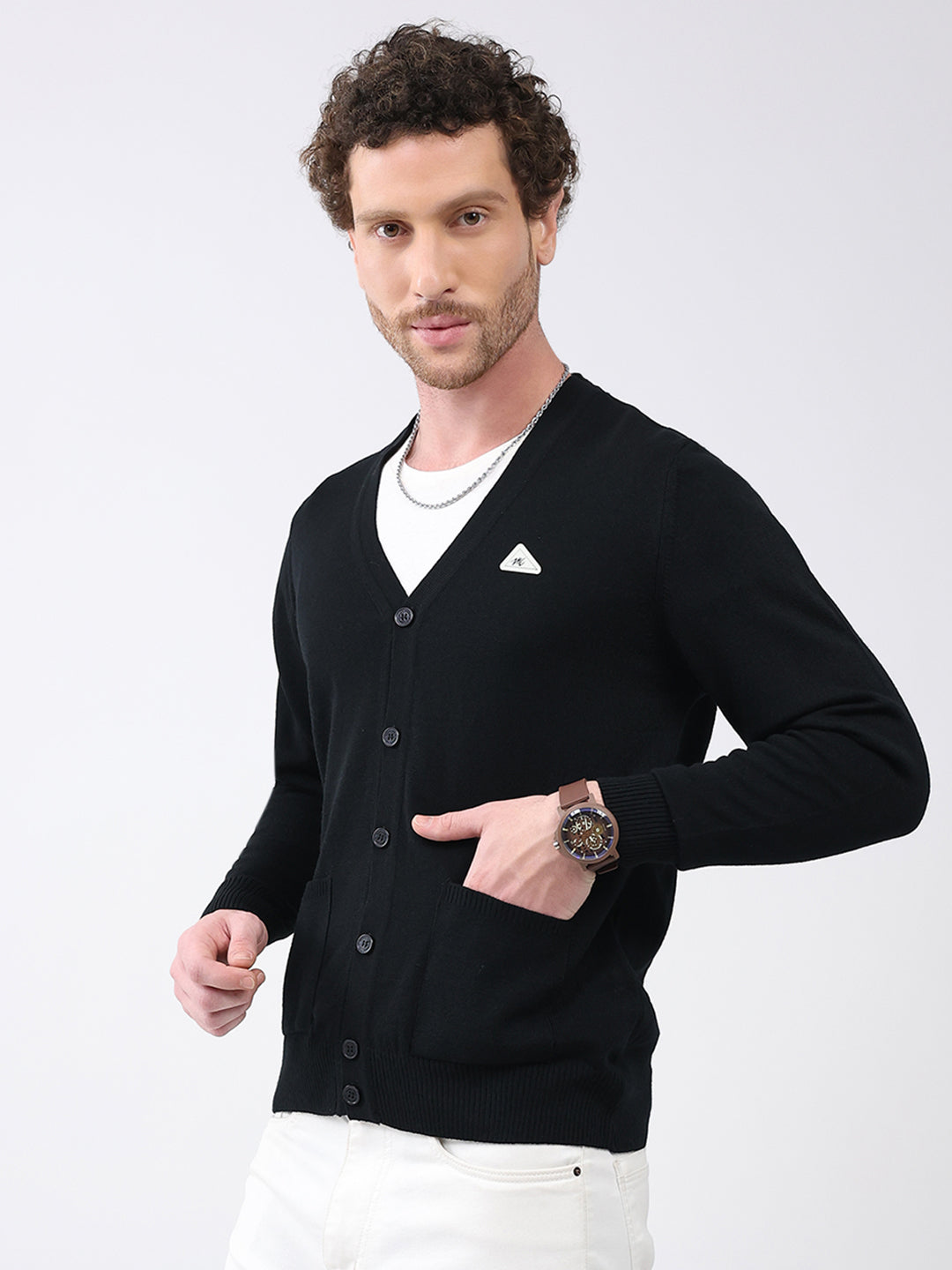 Men Black Solid V Neck Full Sleeve Cardigan