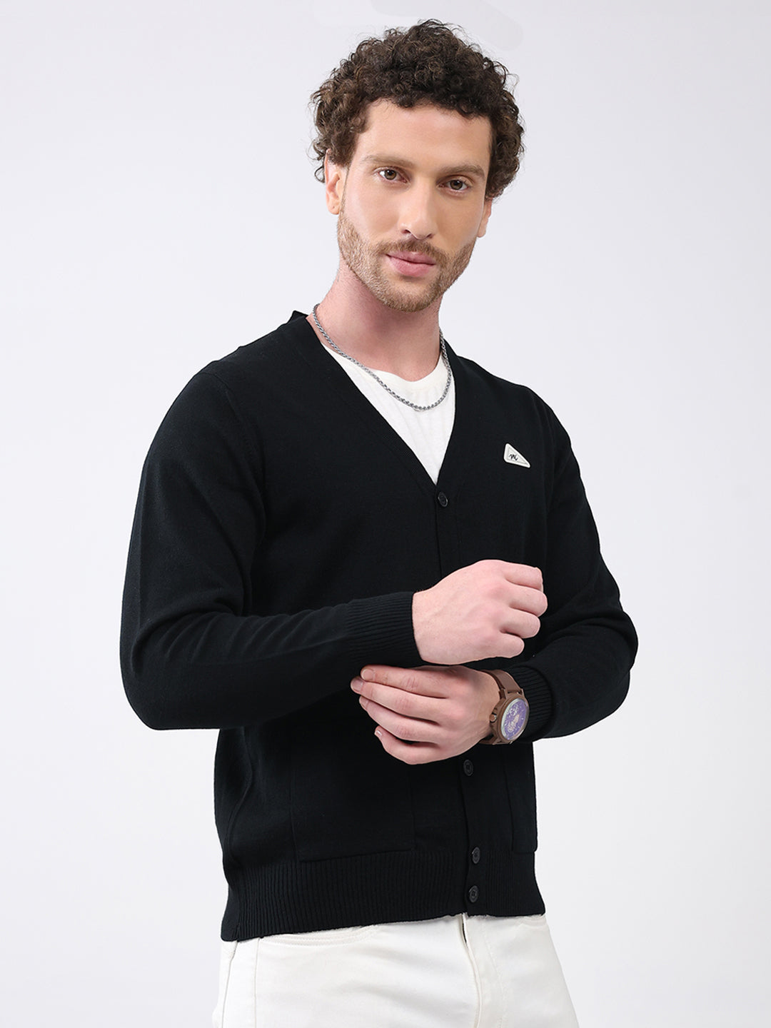 Men Black Solid V Neck Full Sleeve Cardigan