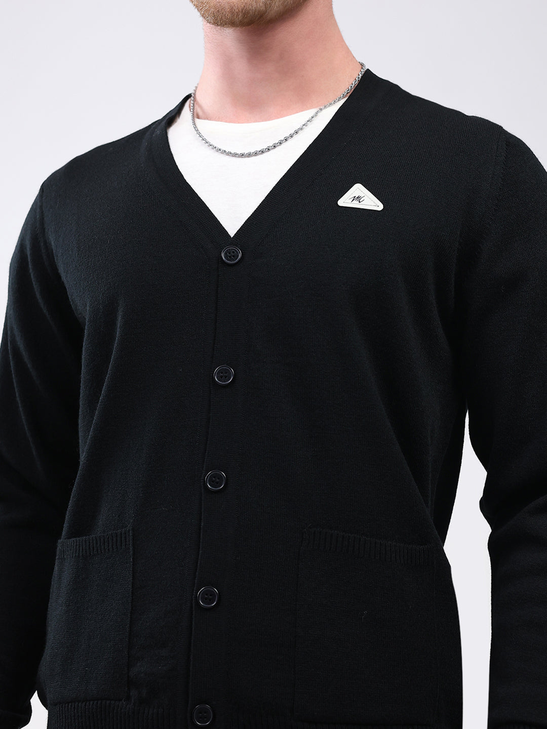 Men Black Solid V Neck Full Sleeve Cardigan