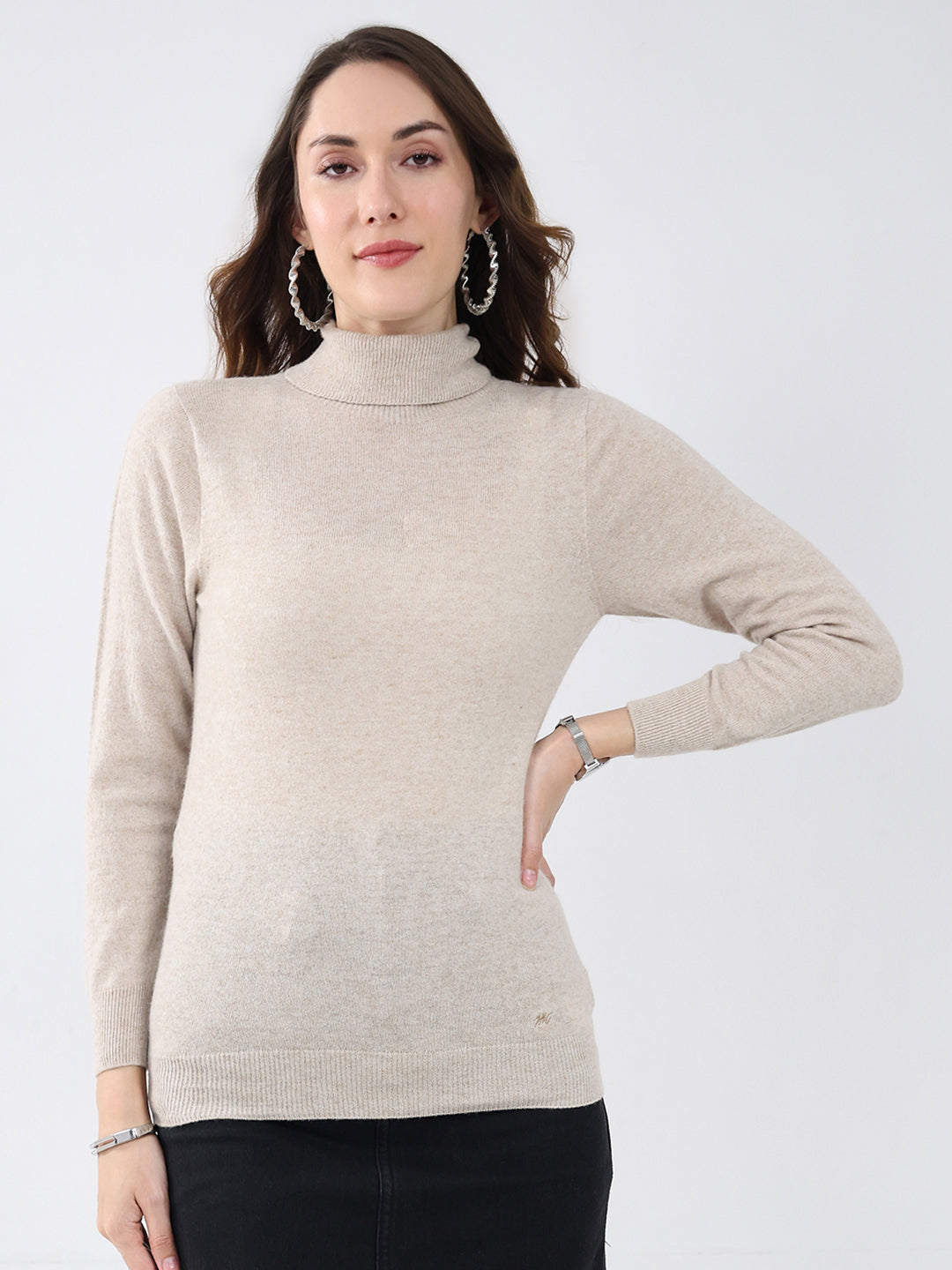 Women Beige Solid High Neck Full Sleeve Winter Top