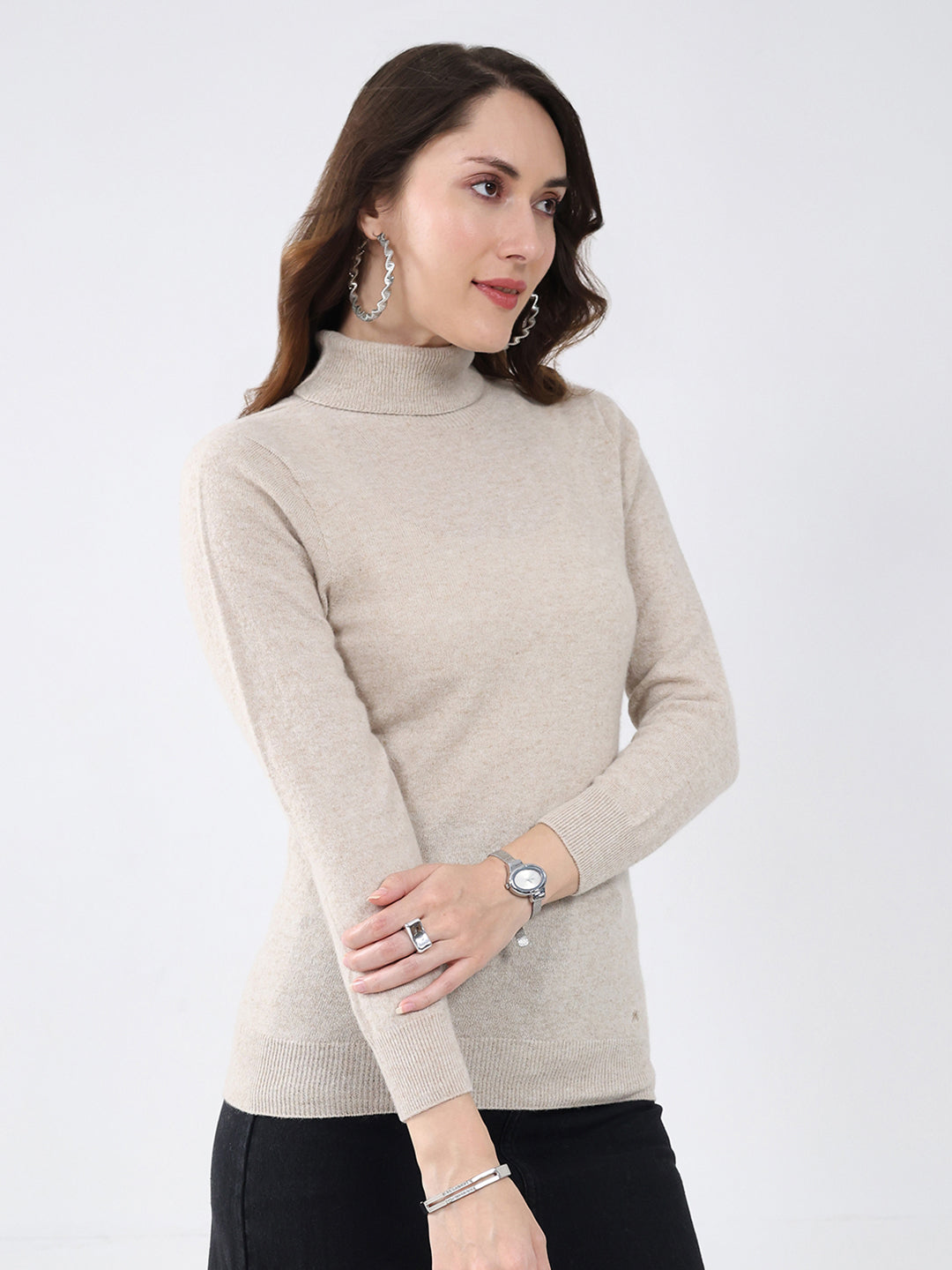 Women Beige Solid High Neck Full Sleeve Winter Top