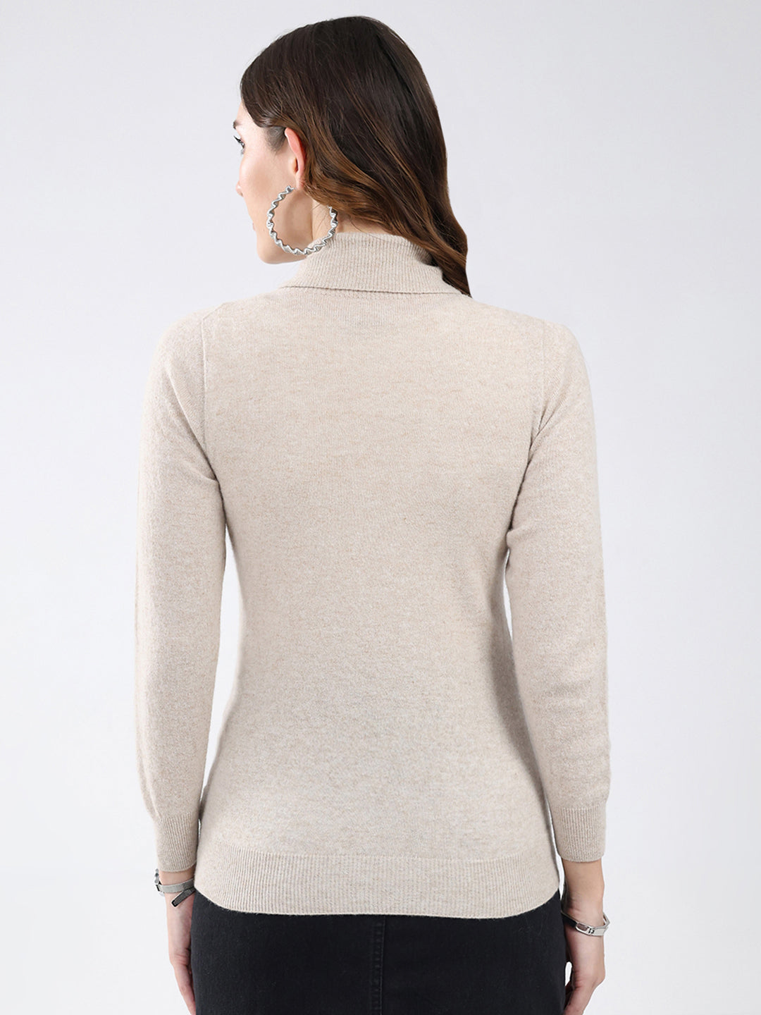 Women Beige Solid High Neck Full Sleeve Winter Top