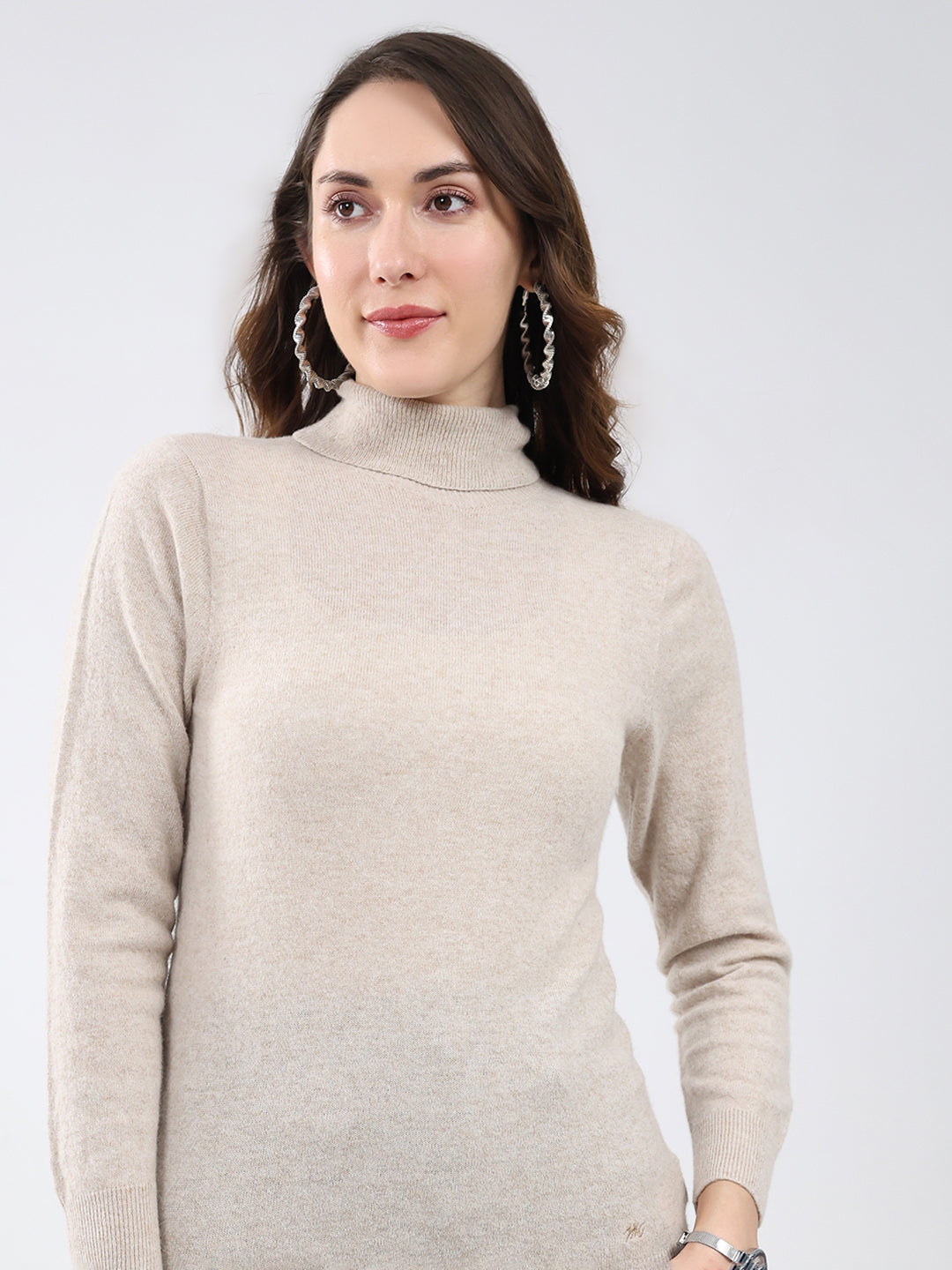 Women Beige Solid High Neck Full Sleeve Winter Top
