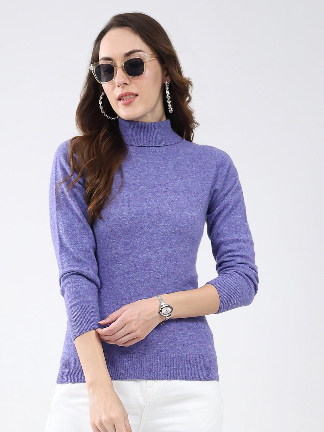 Women Purple Solid High Neck Full Sleeve Winter Top