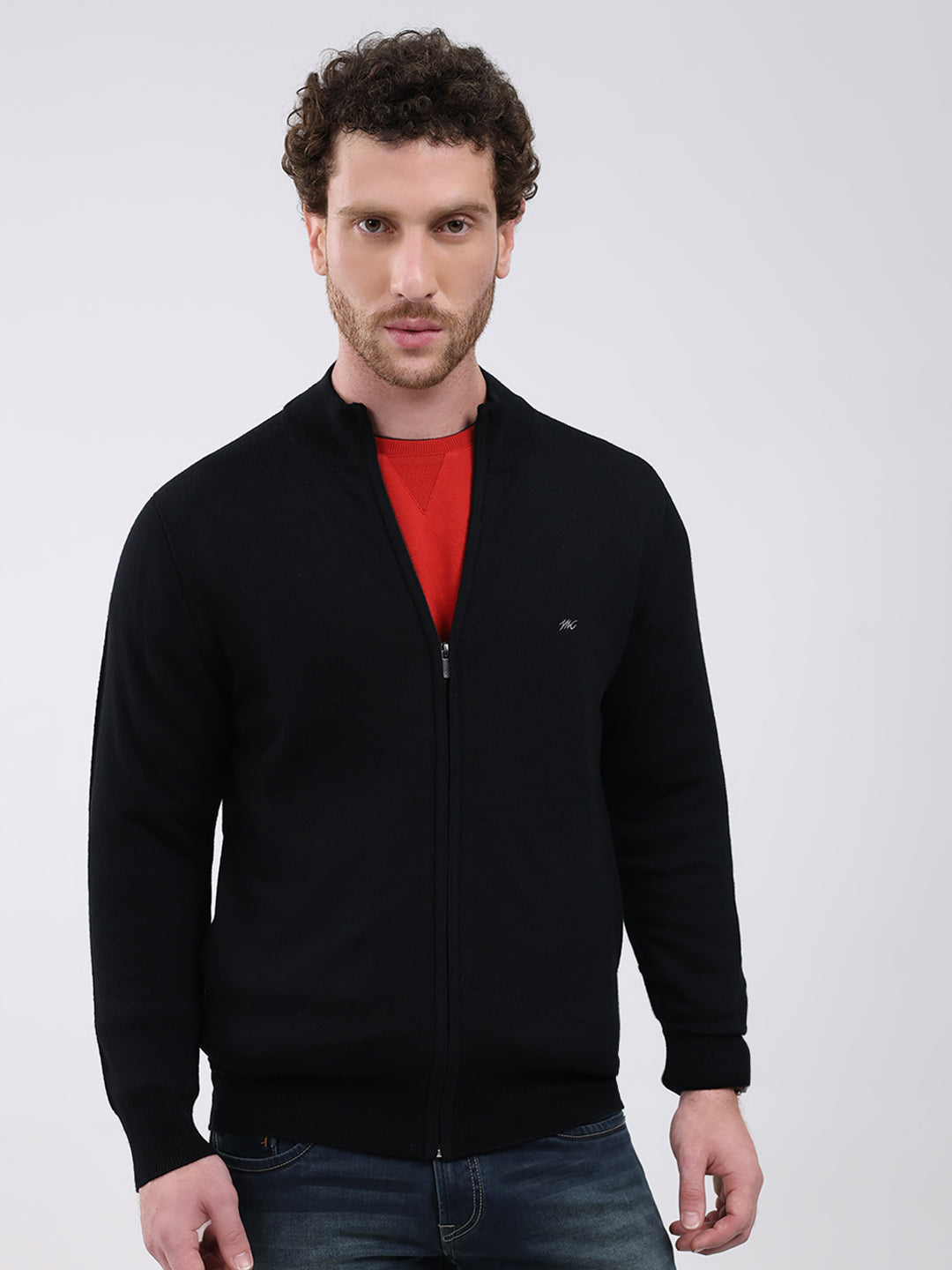 Men Black Solid Mock Neck Full Sleeve Pullover