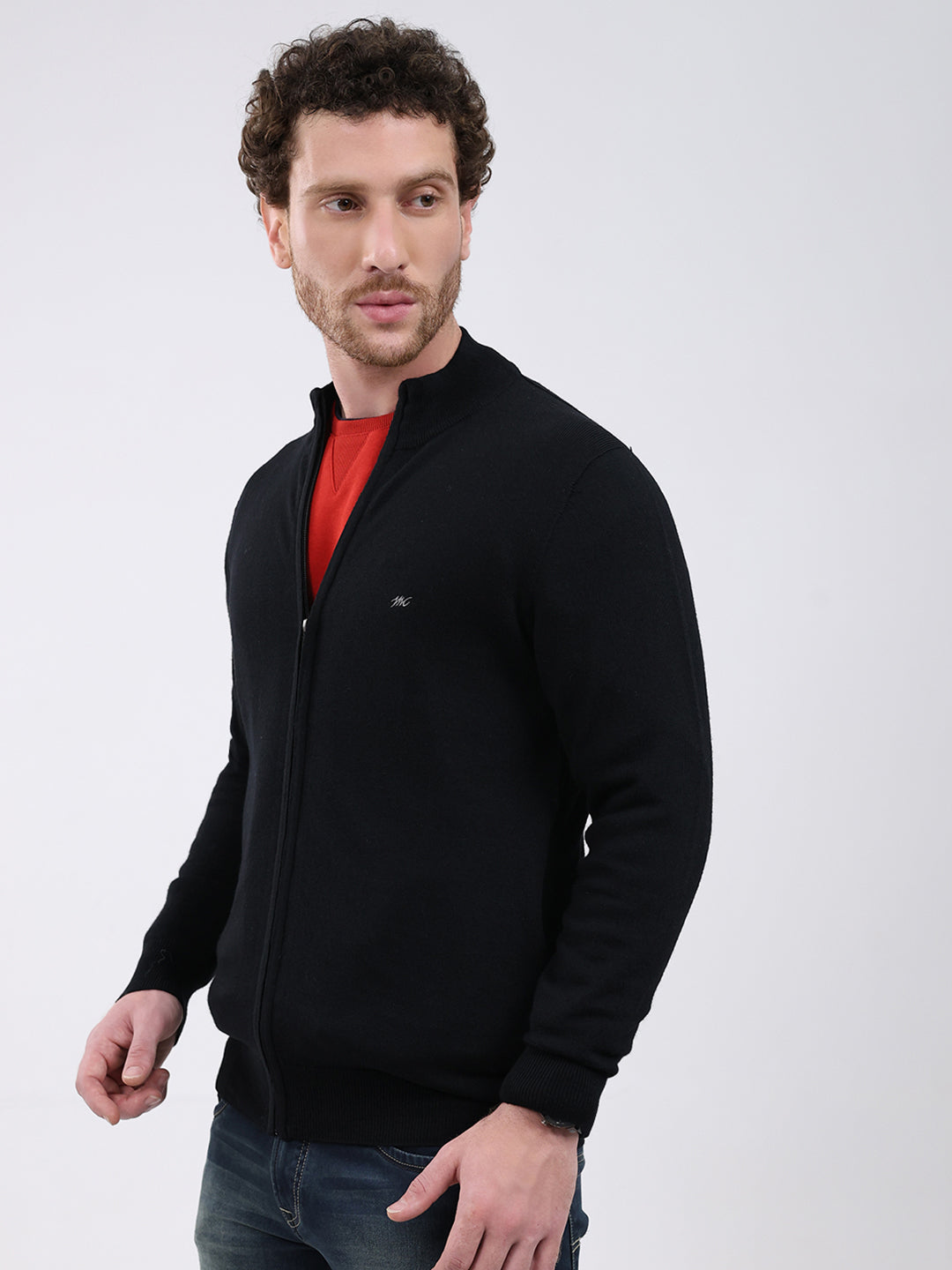 Men Black Solid Mock Neck Full Sleeve Pullover