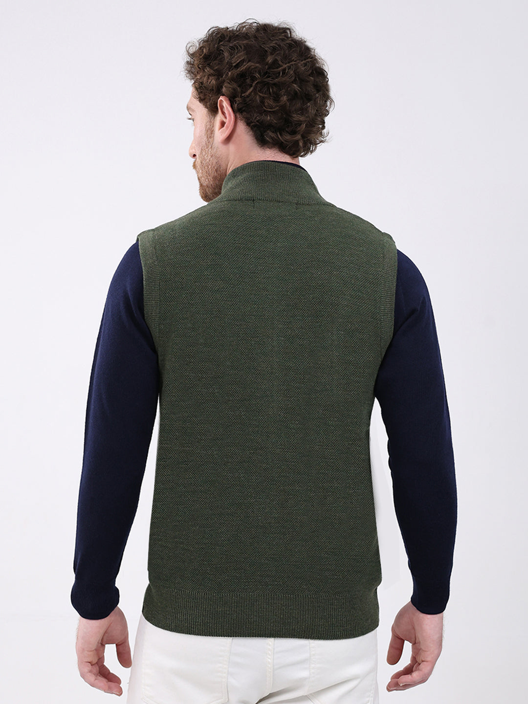 Men Green Solid Mock Neck Sleeveless Sweater