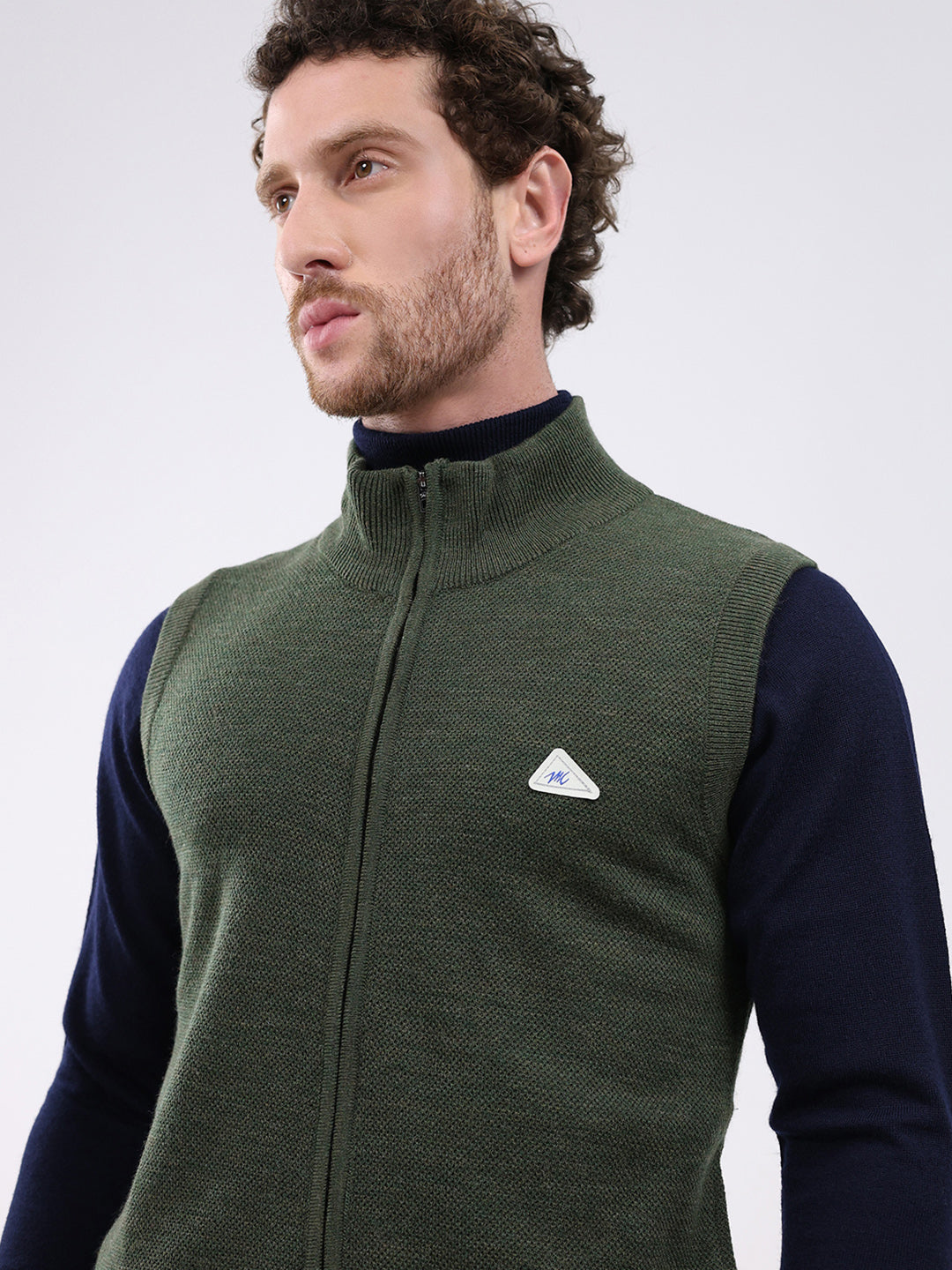 Men Green Solid Mock Neck Sleeveless Sweater