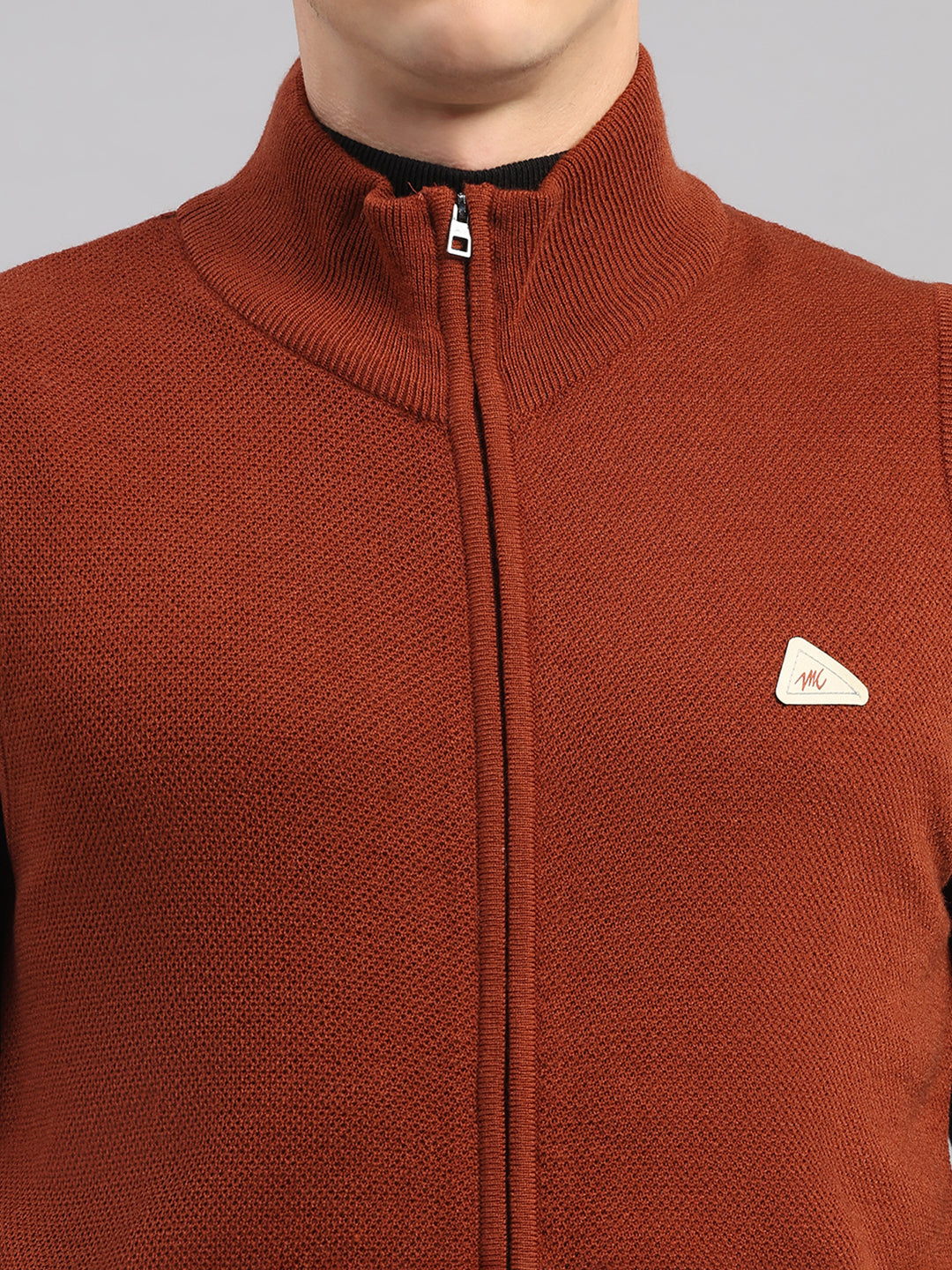 Men Brown Solid Collar Sleeveless Sweater