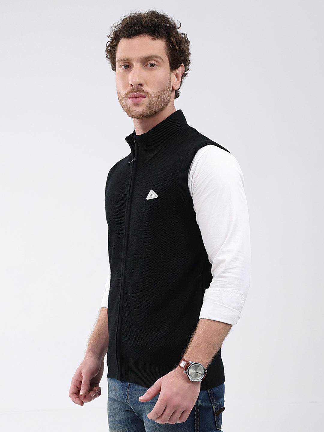 Men Black Solid Mock Neck Sleeveless Sweater