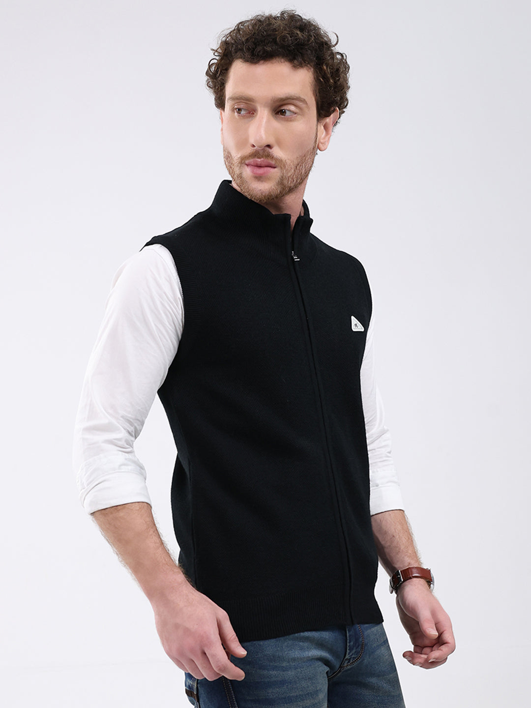 Men Black Solid Mock Neck Sleeveless Sweater