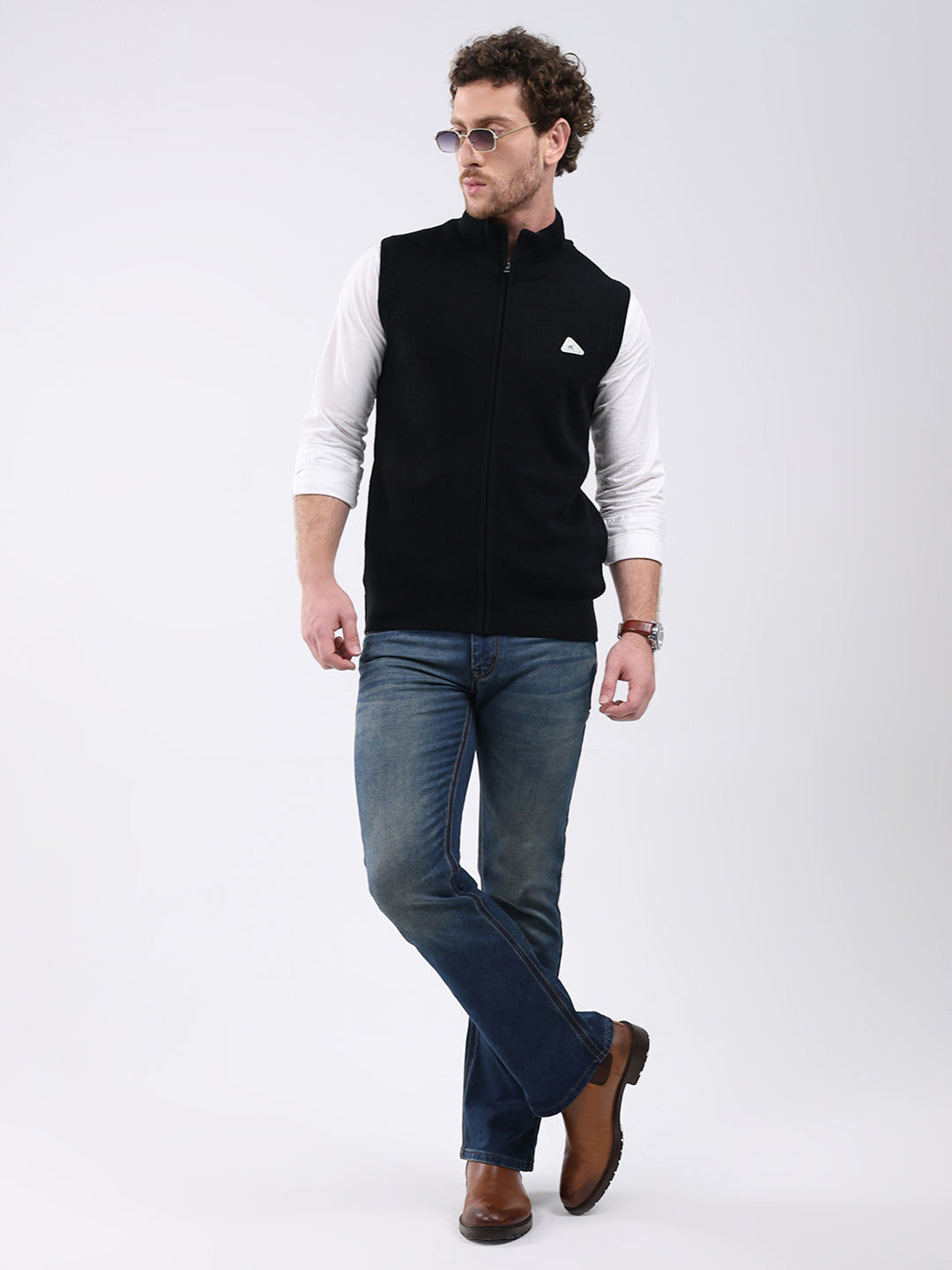 Men Black Solid Mock Neck Sleeveless Sweater