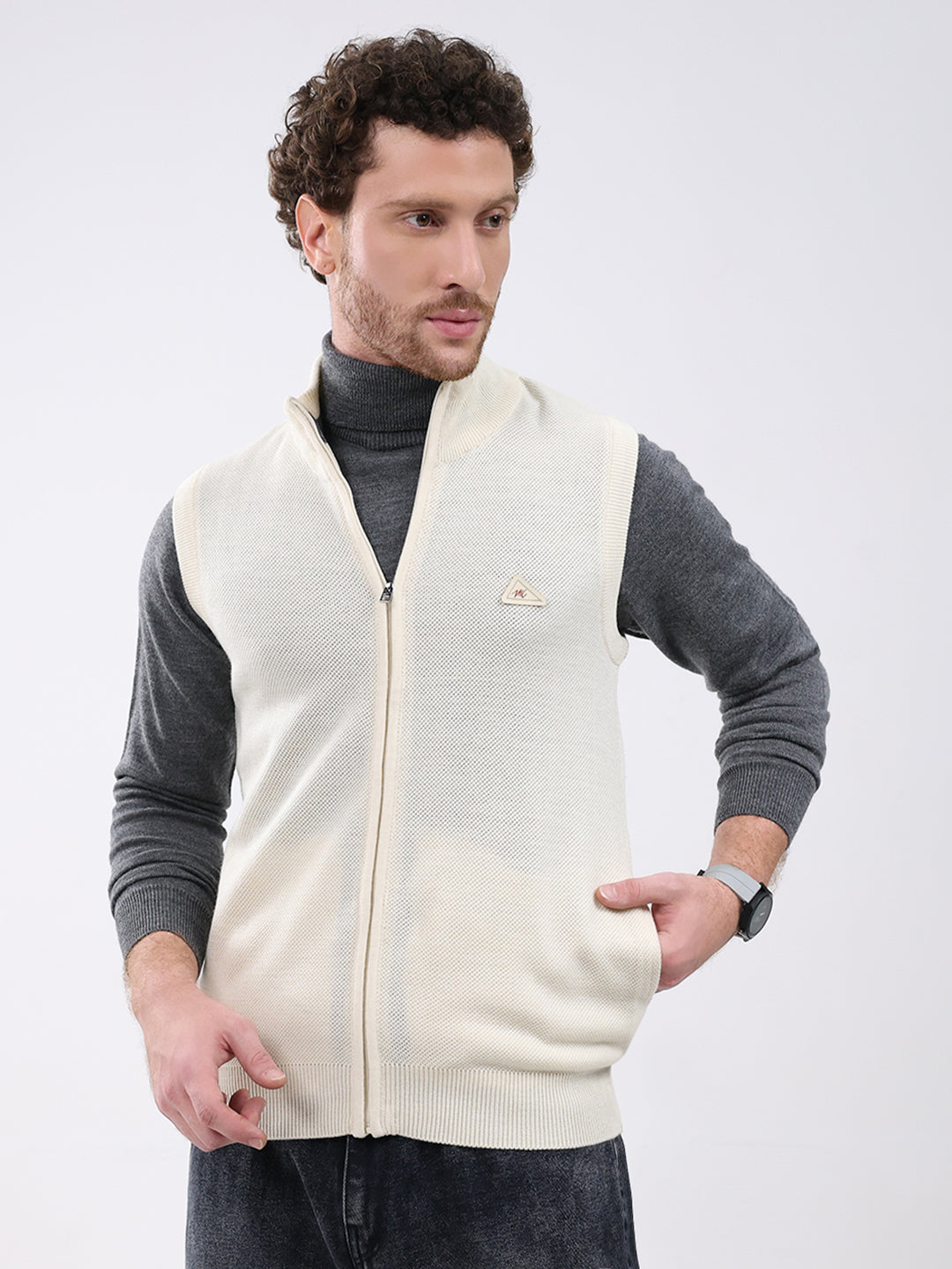 Men Cream Solid Mock Neck Sleeveless Sweater