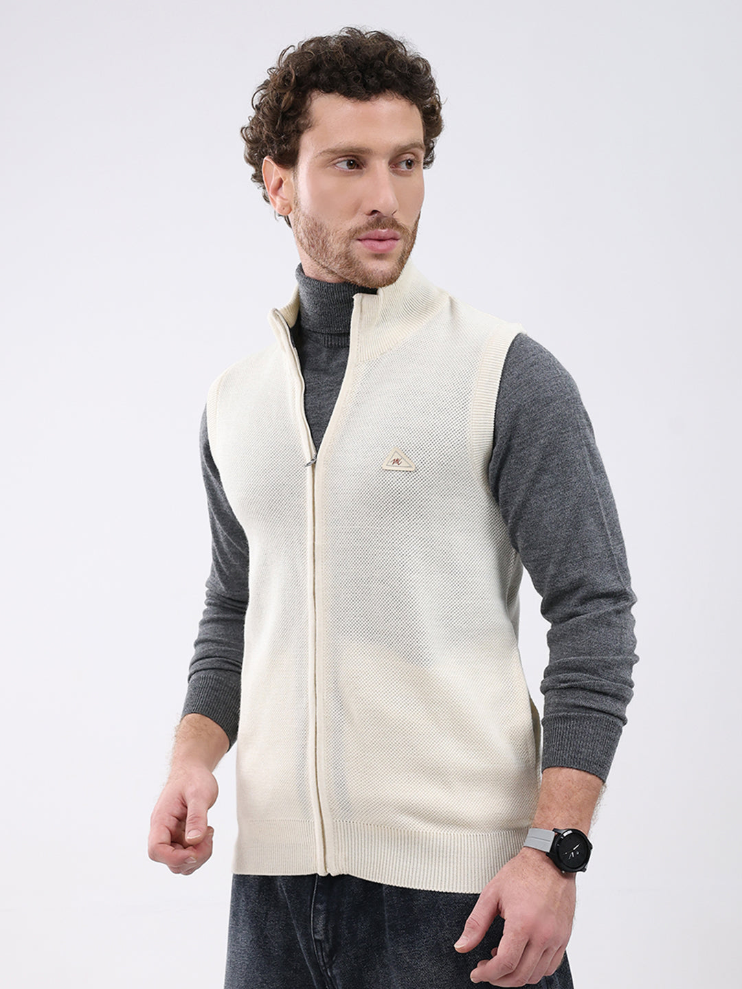 Men Cream Solid Mock Neck Sleeveless Sweater