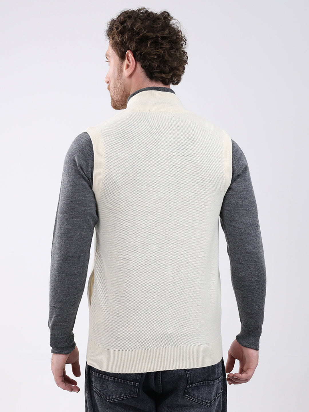 Men Cream Solid Mock Neck Sleeveless Sweater