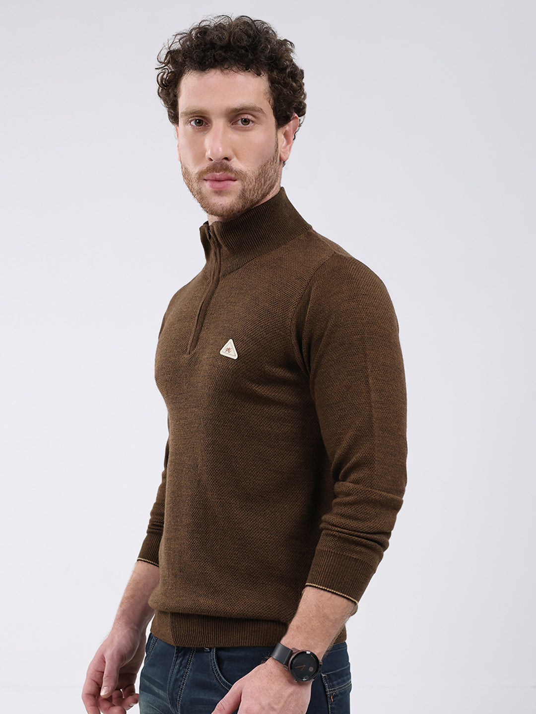 Men Brown Solid Mock Neck Full Sleeve Pullover