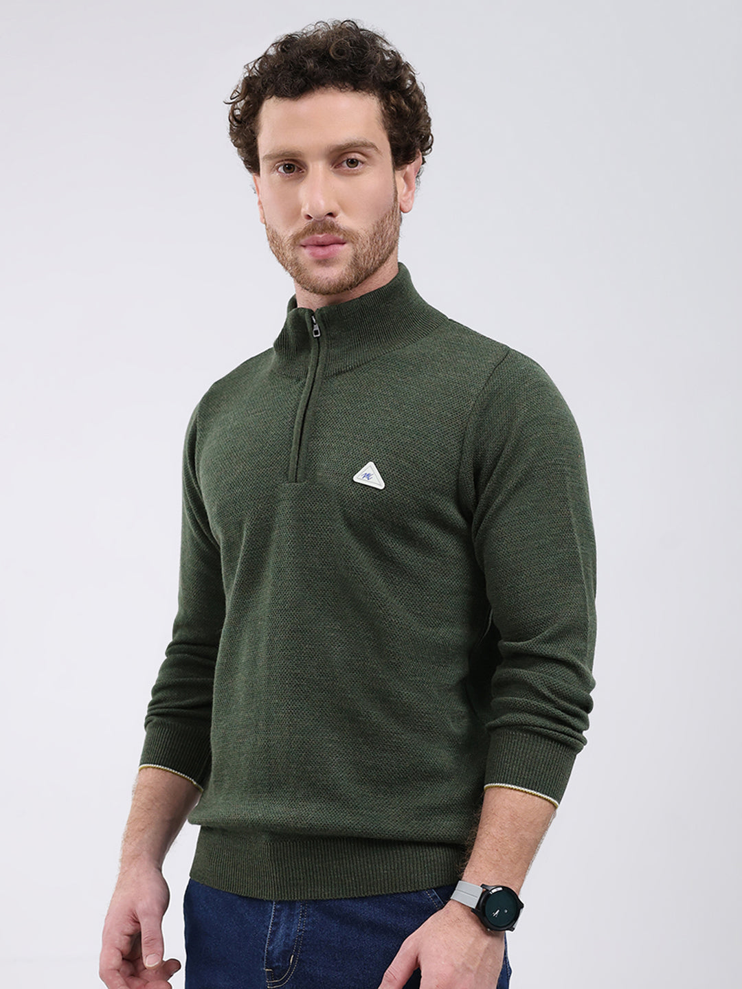 Men Green Solid Mock Neck Full Sleeve Pullover