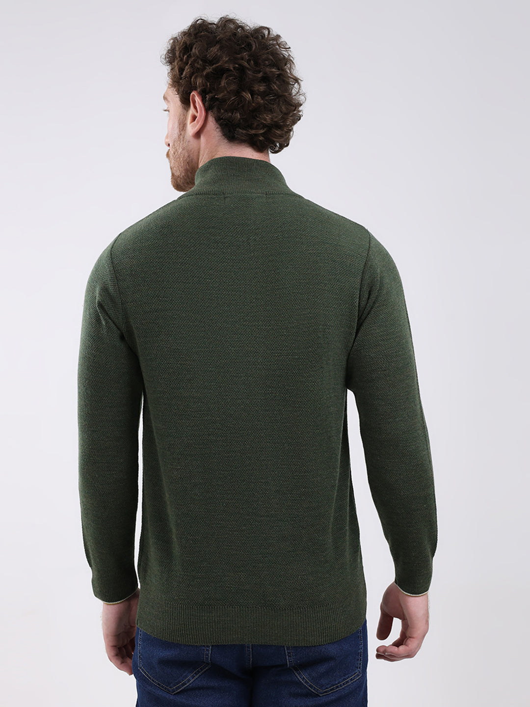 Men Green Solid Mock Neck Full Sleeve Pullover