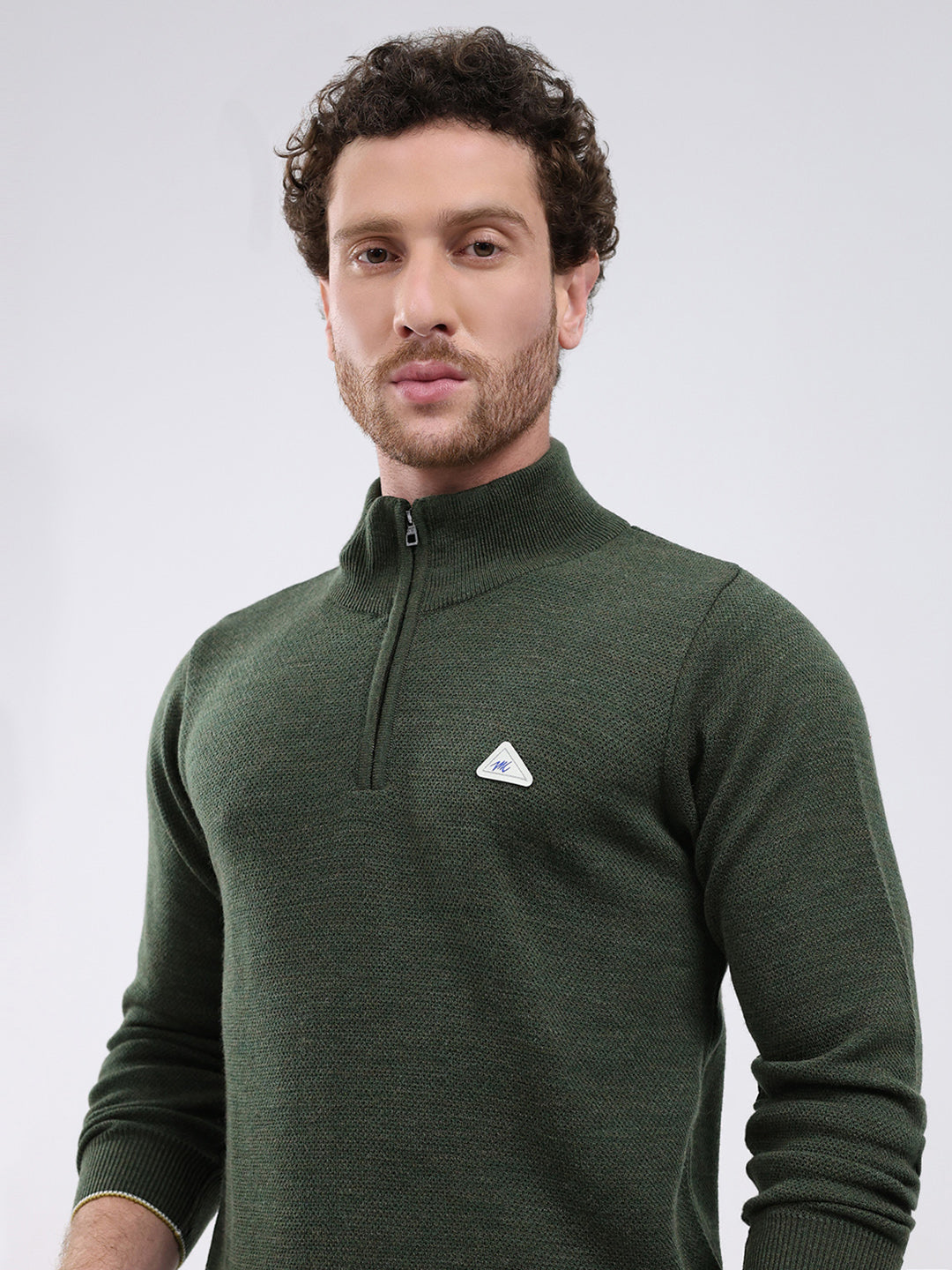Men Green Solid Mock Neck Full Sleeve Pullover