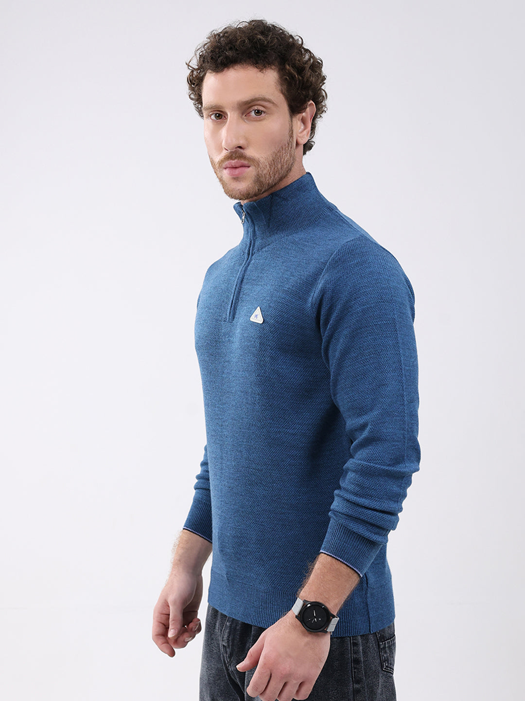 Men Blue Solid Mock Neck Full Sleeve Pullover
