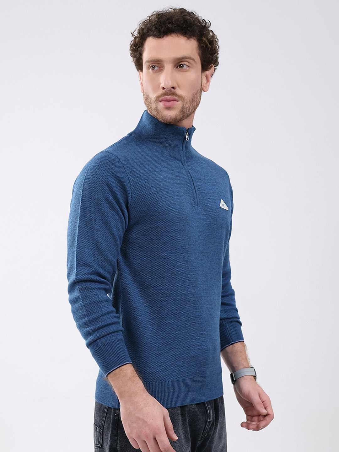 Men Blue Solid Mock Neck Full Sleeve Pullover