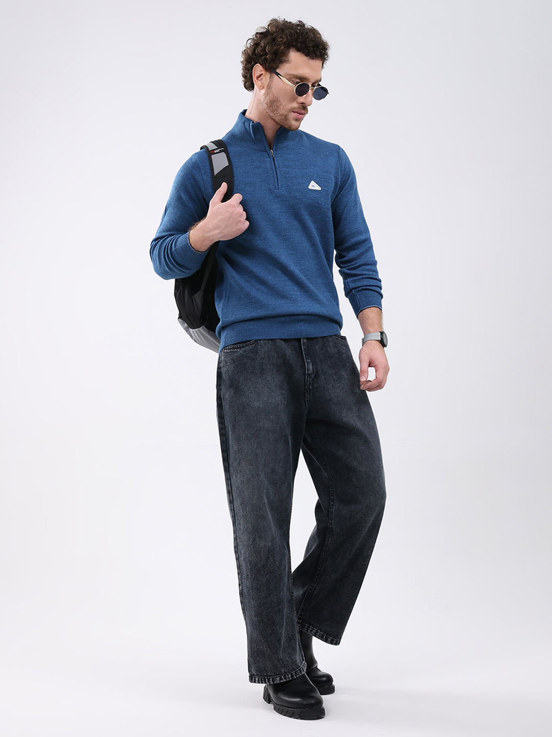 Men Blue Solid Mock Neck Full Sleeve Pullover