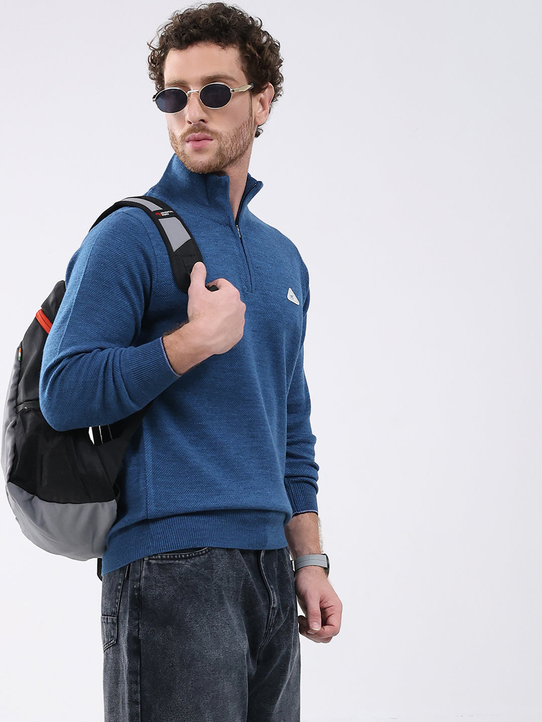Men Blue Solid Mock Neck Full Sleeve Pullover