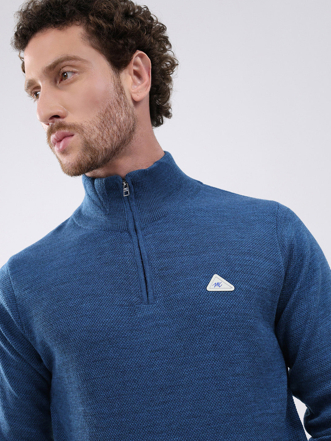 Men Blue Solid Mock Neck Full Sleeve Pullover