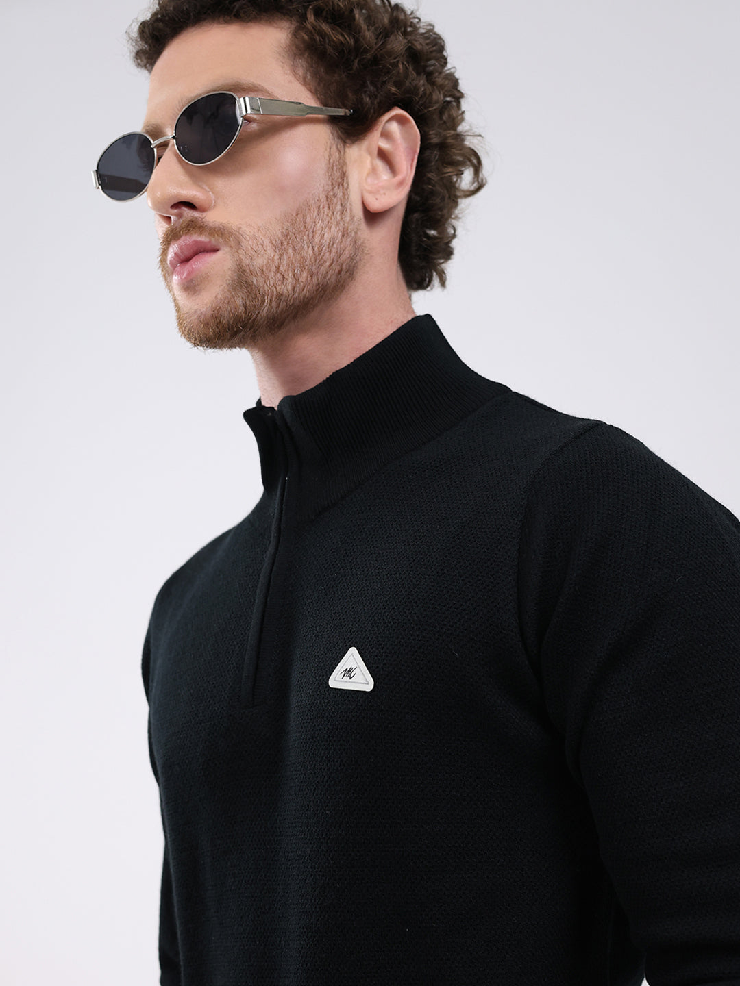 Men Black Solid Mock Neck Full Sleeve Pullover