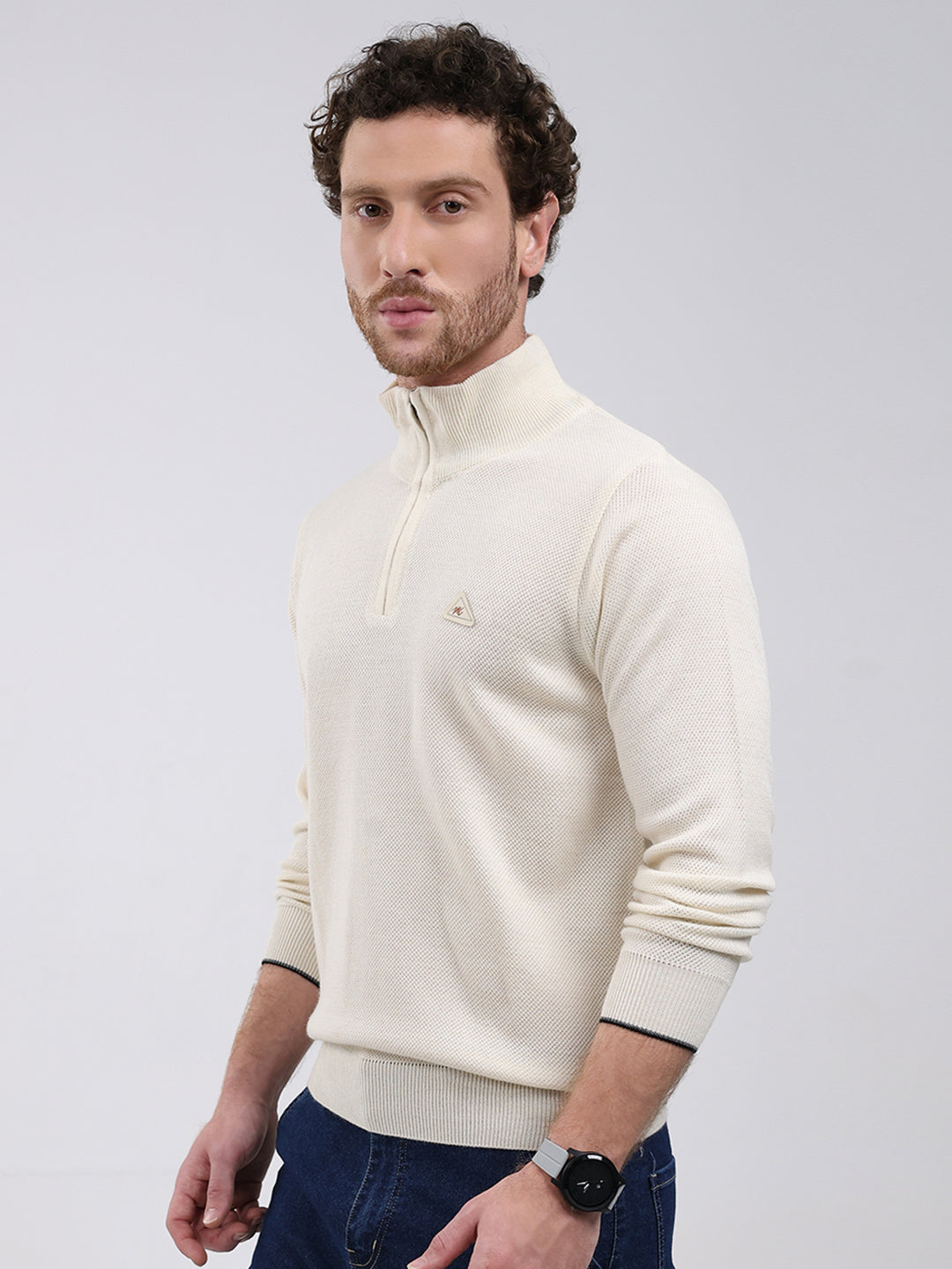 Men Cream Solid Mock Neck Full Sleeve Pullover