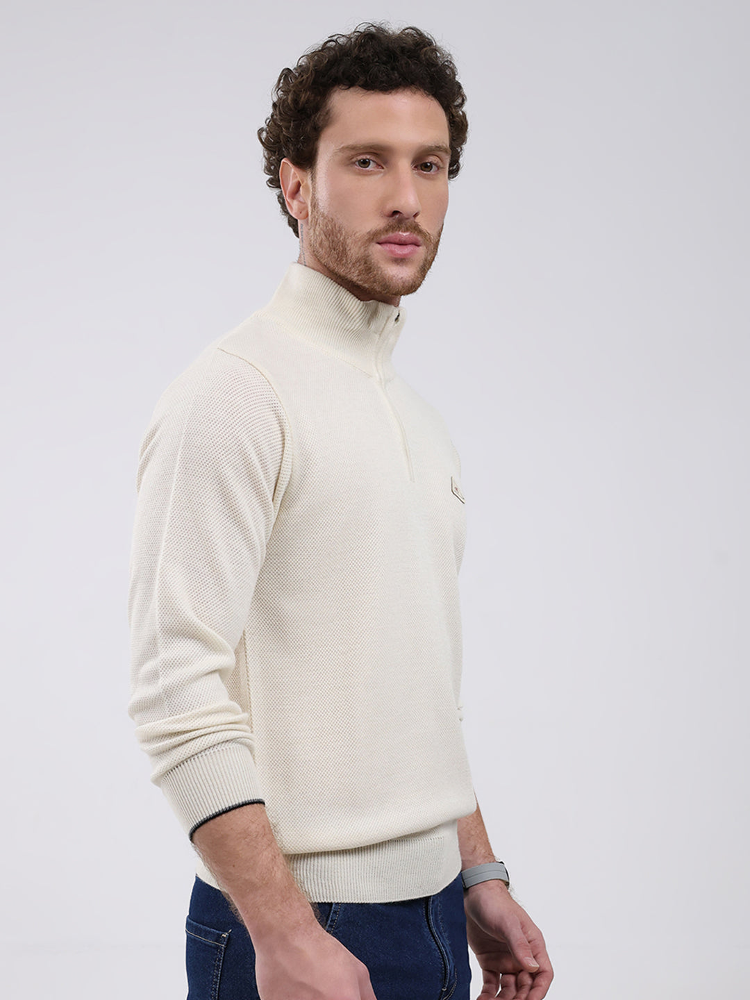 Men Cream Solid Mock Neck Full Sleeve Pullover