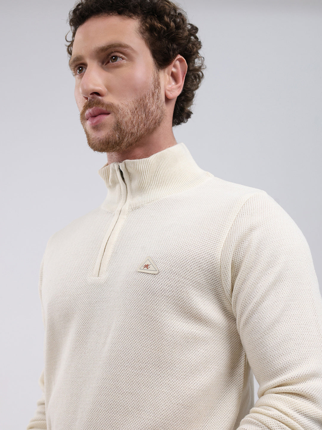 Men Cream Solid Mock Neck Full Sleeve Pullover