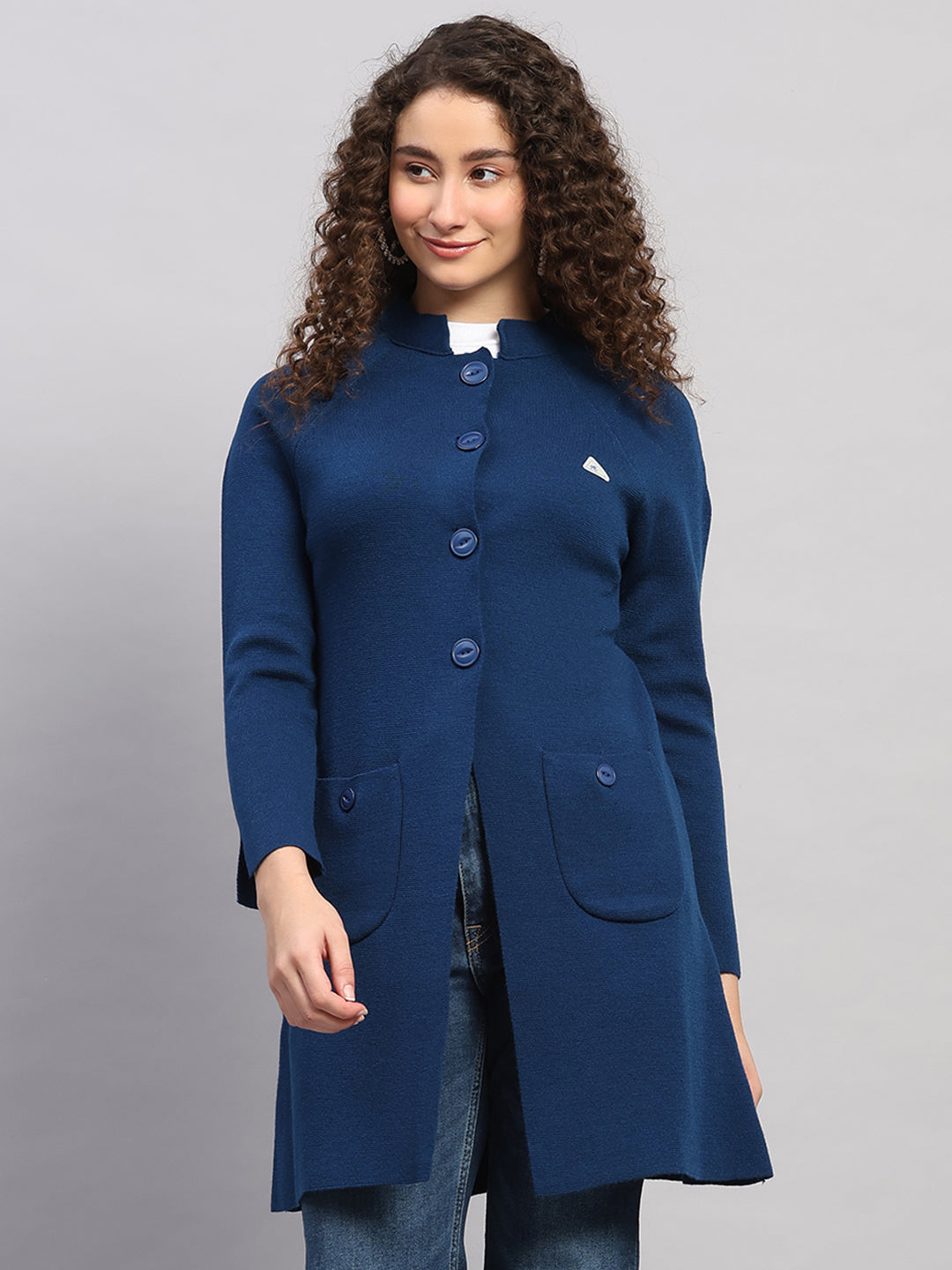 Women Blue Solid Round Neck Full Sleeve Cardigan