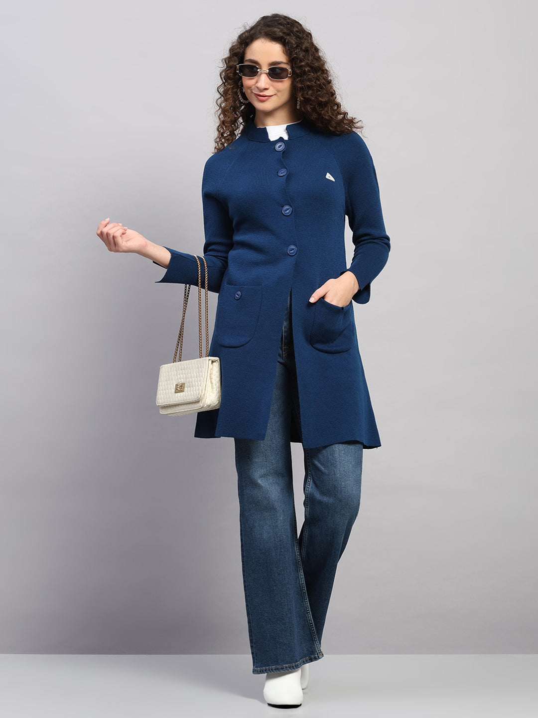 Women Blue Solid Round Neck Full Sleeve Cardigan