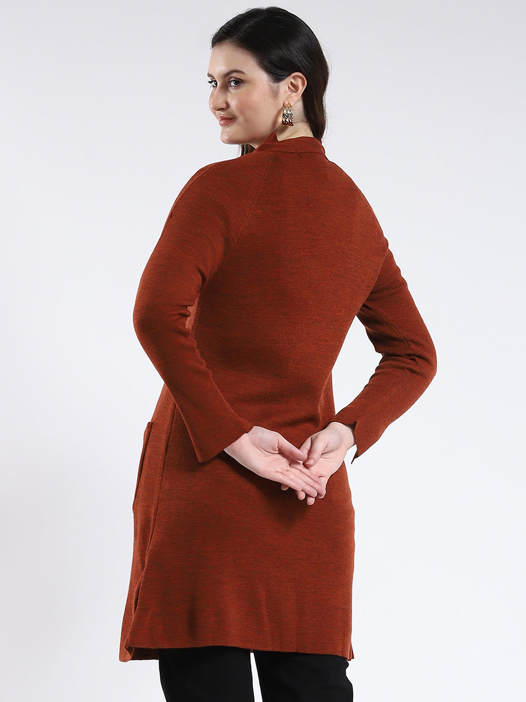 Women Rust Solid Band Neck Full Sleeve Cardigan