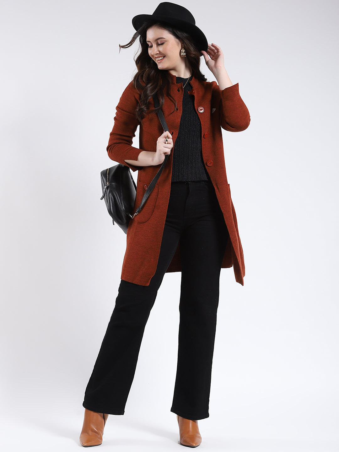 Women Rust Solid Band Neck Full Sleeve Cardigan