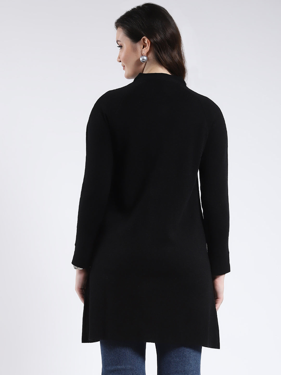 Women Black Solid Band Neck Full Sleeve Cardigan