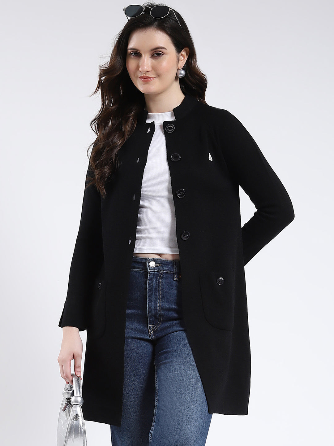 Women Black Solid Band Neck Full Sleeve Cardigan