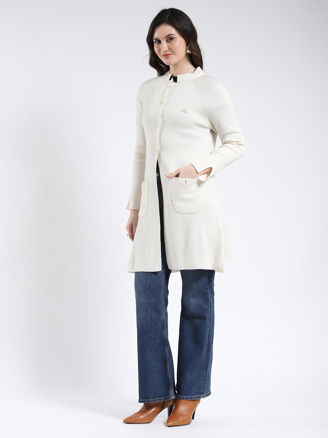 Women Cream Solid Band Neck Full Sleeve Cardigan